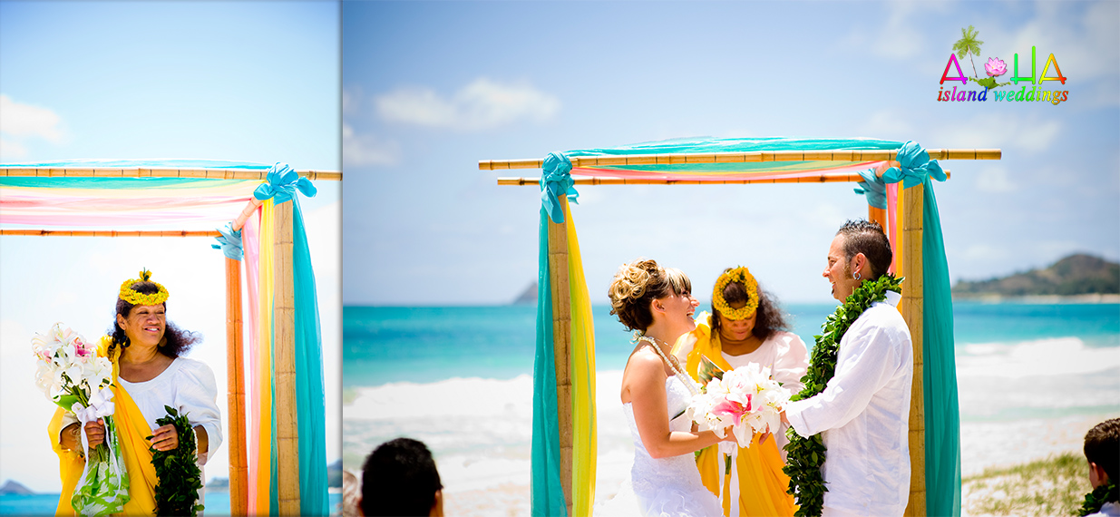 Hawaiian minister Leihulu Mamo speaking to the bride and groom under a turquoise arch